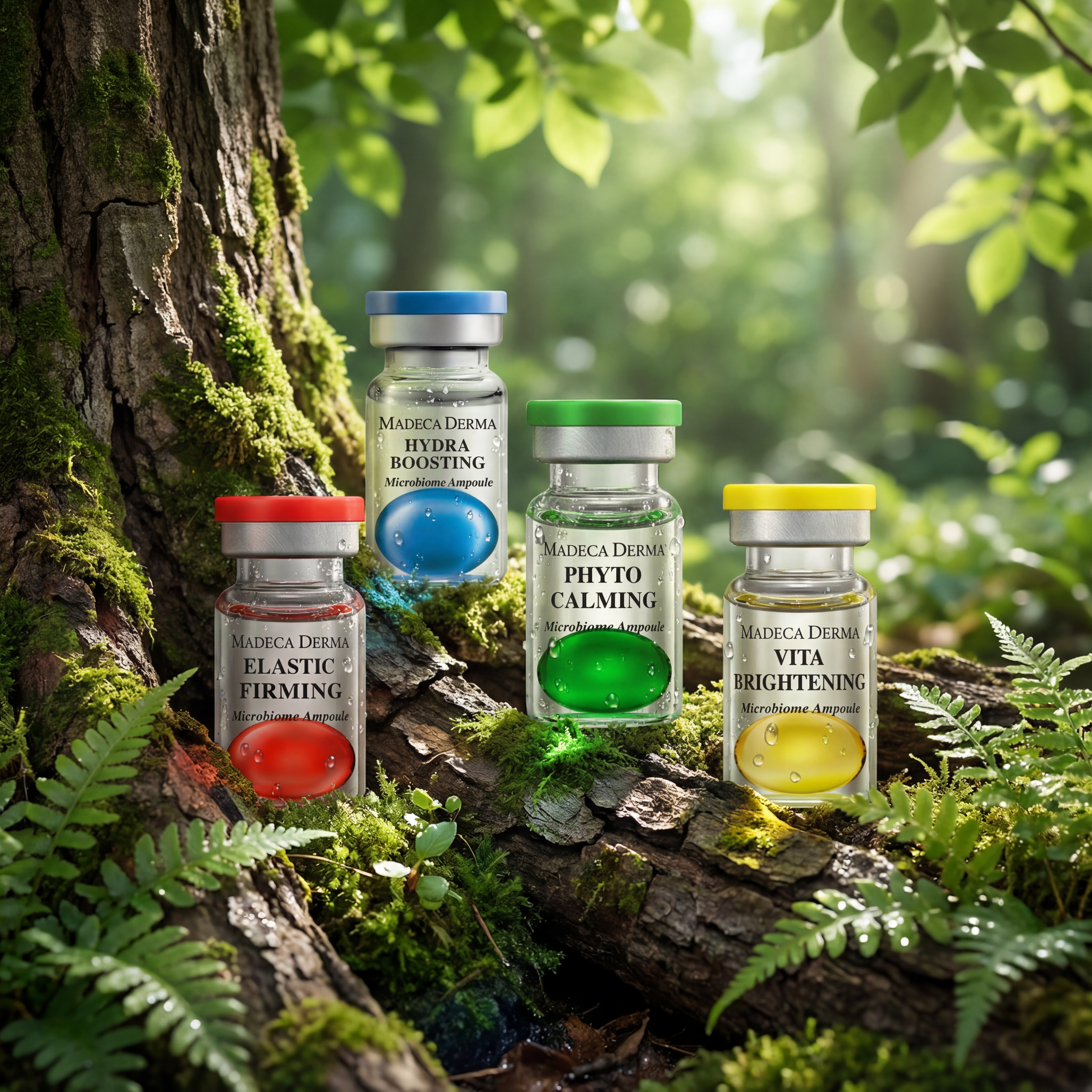 K-beauty product collection in a lush natural setting