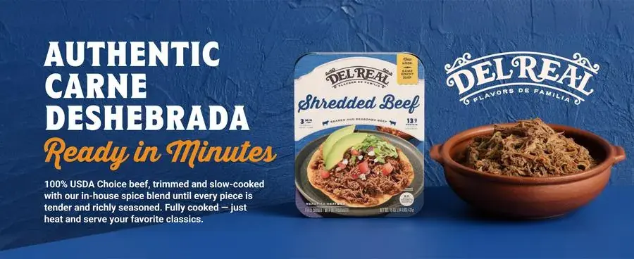 Del Real Shredded Beef A+ hero module: Authentic Carne Deshebrada, Ready in Minutes