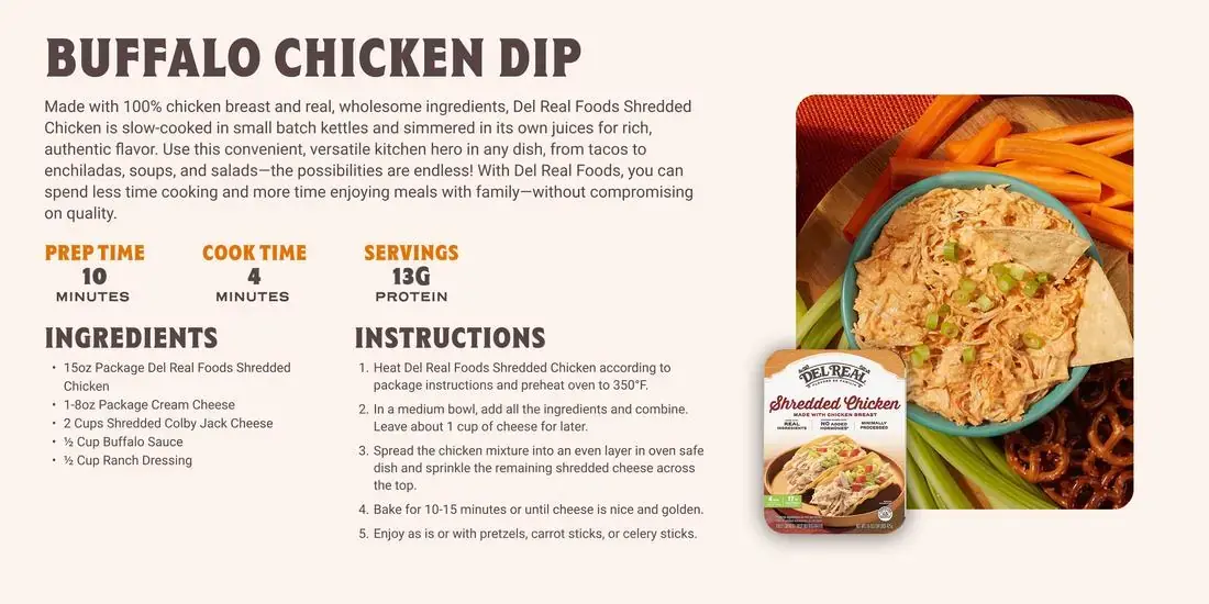Del Real Foods storefront recipe page: Buffalo Chicken Dip, full recipe with ingredients, instructions, prep time, and styled food photography