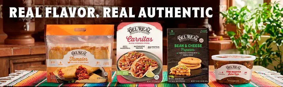 Del Real Foods Amazon storefront banner: Real Flavor Real Authentic, featuring Tamales, Carnitas, Pupusas, and Salsa Roja
