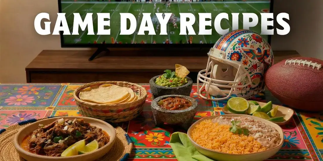Del Real Foods Super Bowl Game Day Recipes banner: game day food spread with traditional Mexican cuisine, decorative football helmet, and football
