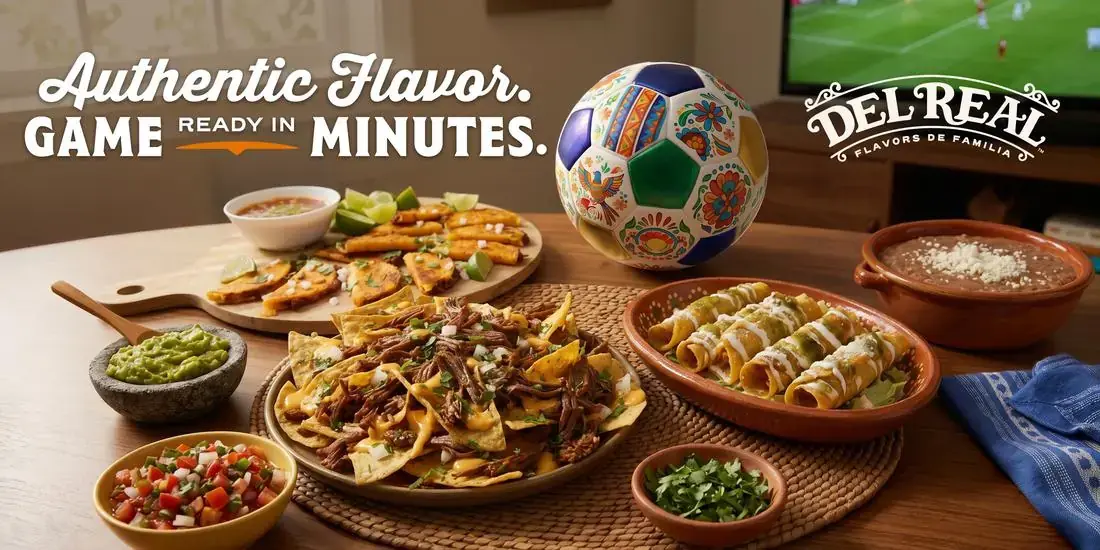 Del Real Foods World Cup banner: Authentic Flavor, Game Ready in Minutes, with nachos, taquitos, and enchiladas and a decorated soccer ball