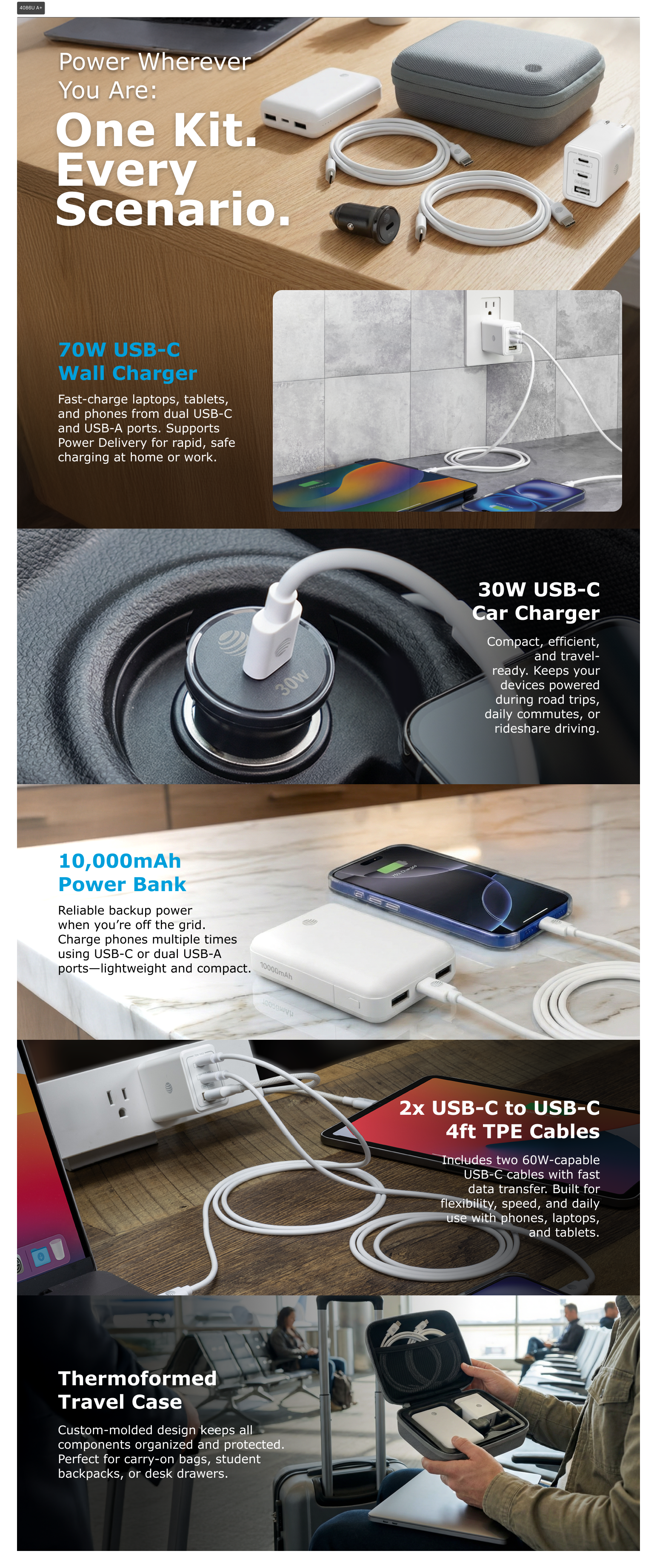 AT&T USB-C Charging Kit A+ Content layout, "Power Wherever You Are: One Kit. Every Scenario", featuring 70W wall charger, 30W car charger, 10,000mAh power bank, USB-C cables, and thermoformed travel case across six lifestyle and product modules