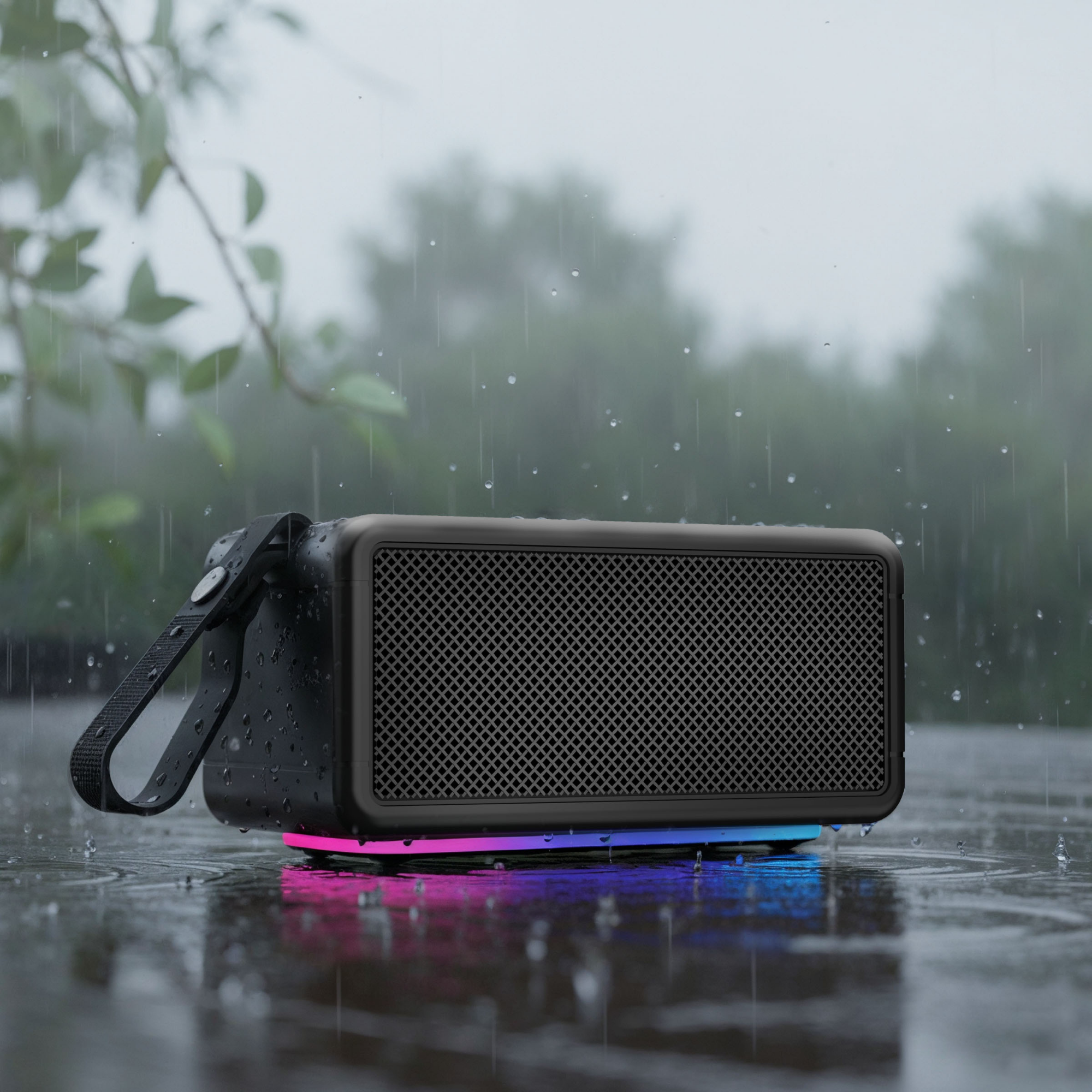 Waterproof Bluetooth speaker in rain with RGB lighting