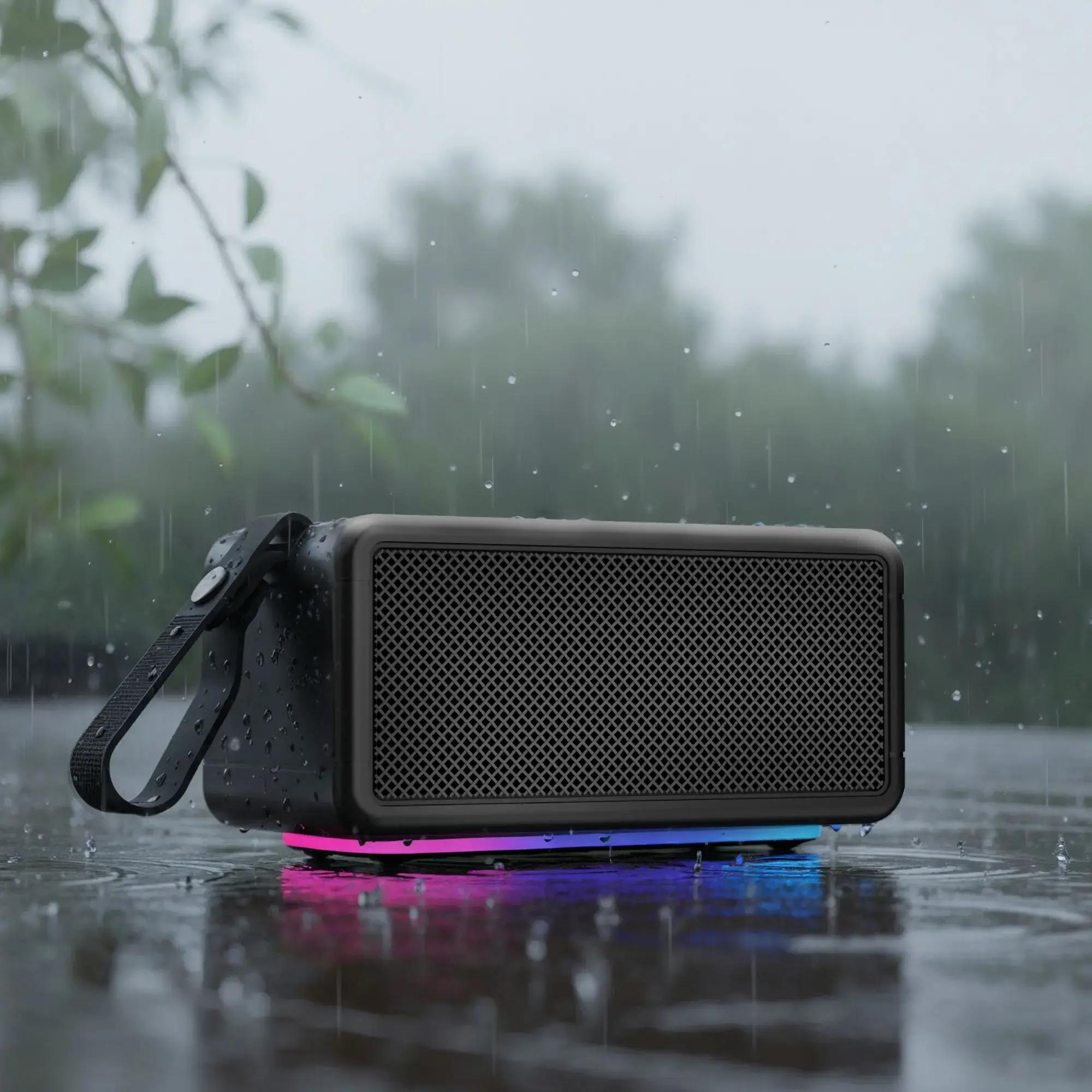 Waterproof Bluetooth speaker in rain with RGB lighting
