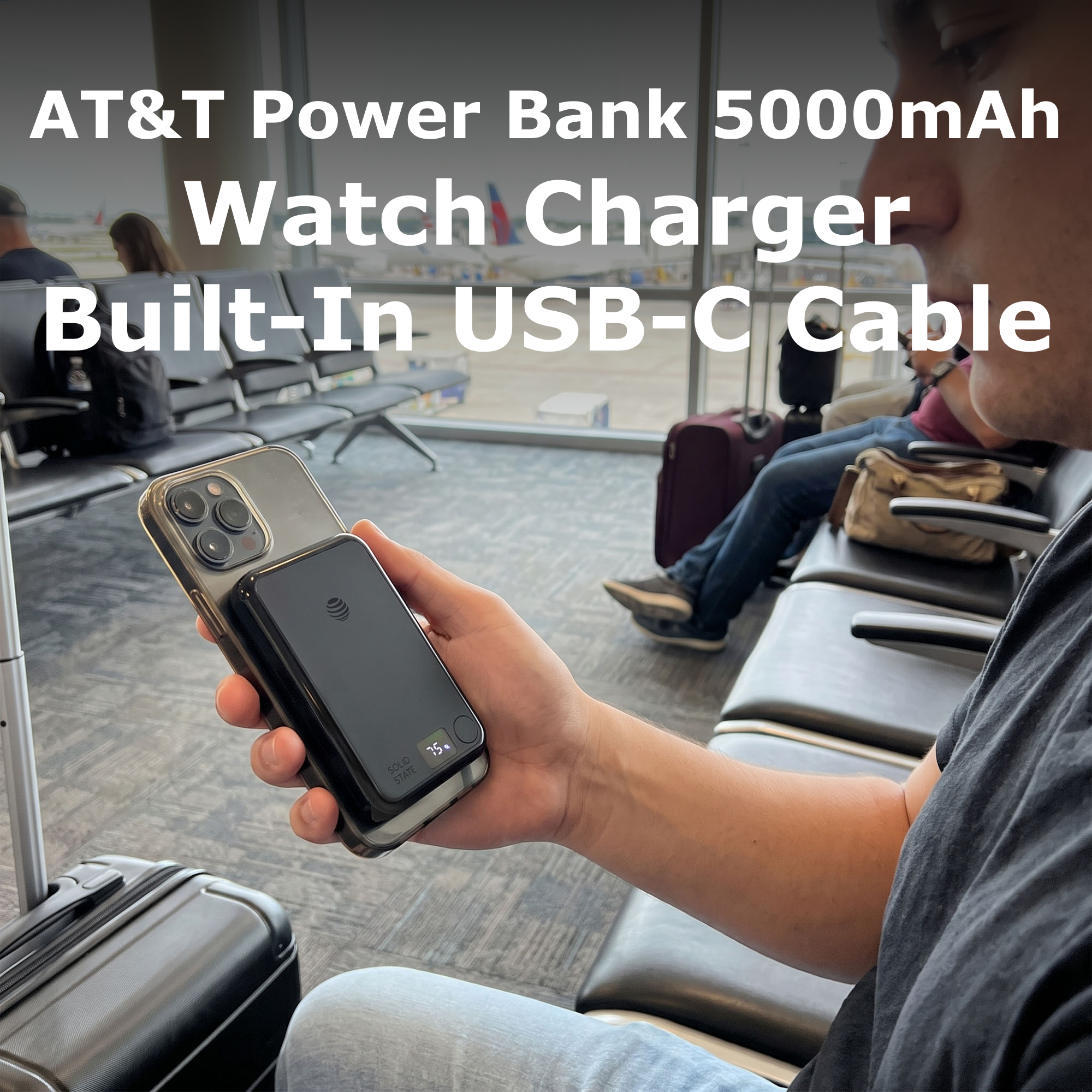 Power bank with phone at airport gate