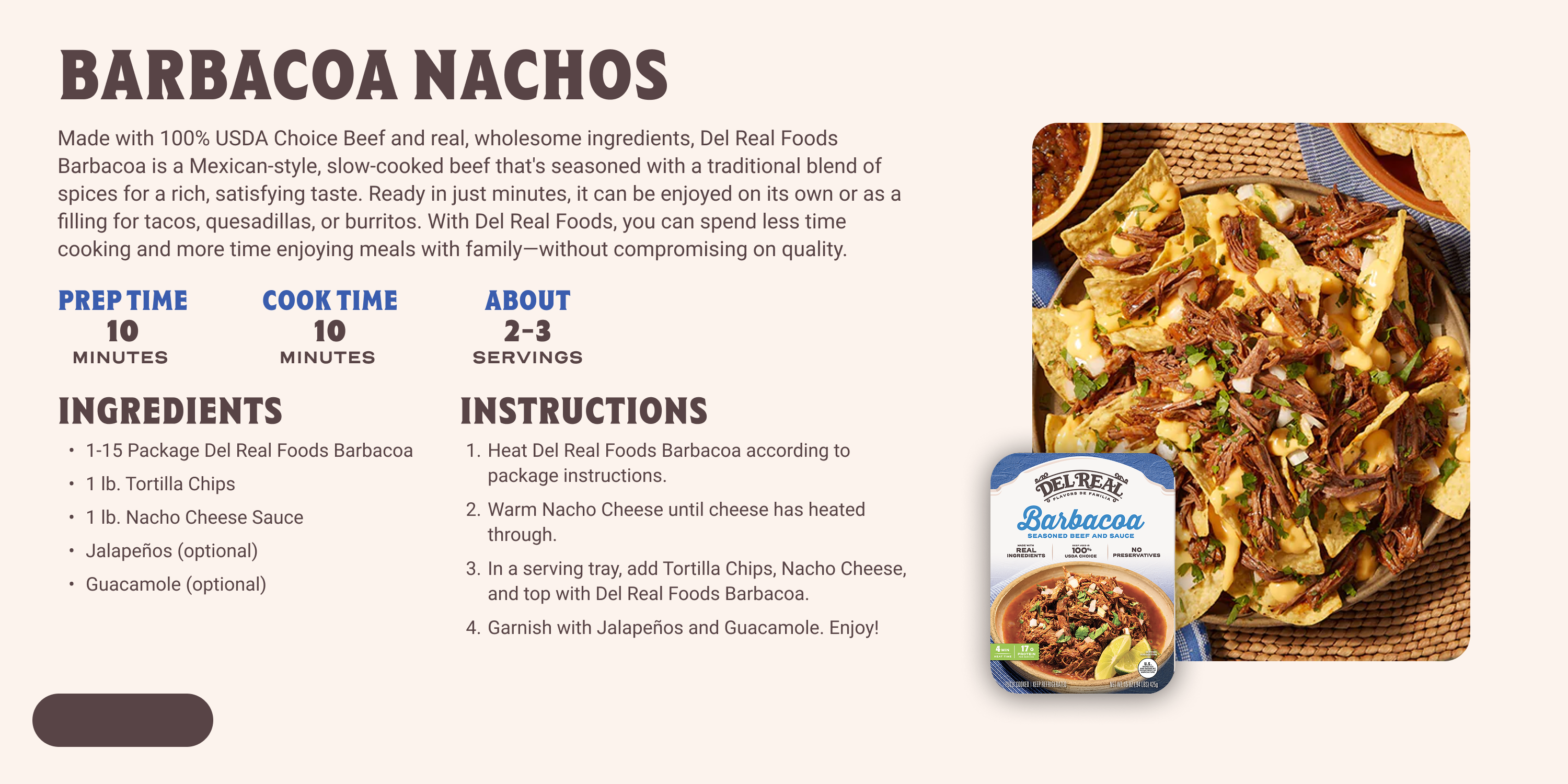Barbacoa nachos recipe card with ingredients and product package